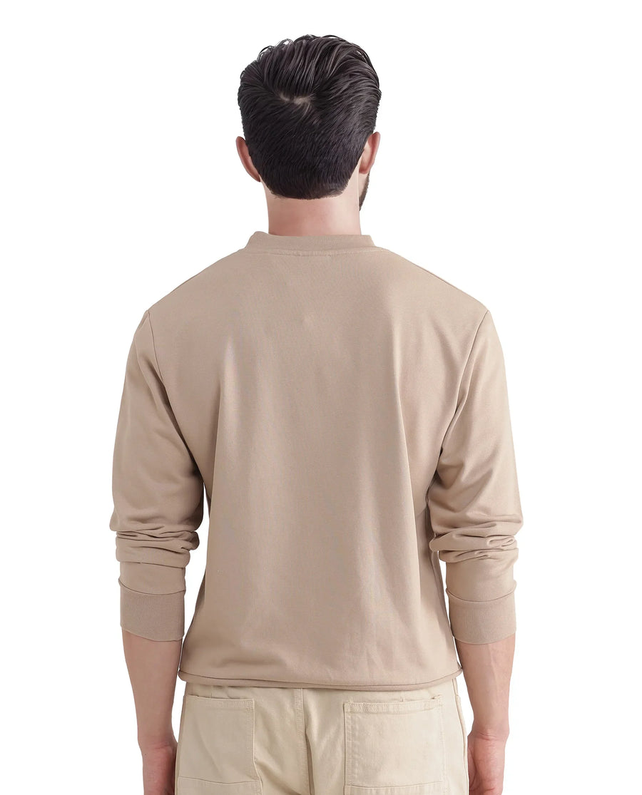 Rare Rabbit Men's Otese Beige Cotton Blend Cut And Sew Regular Fit Full Sleeve Crew Neck Sweatshirt