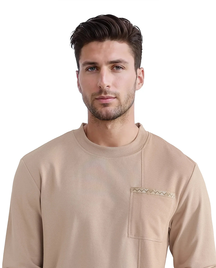 Rare Rabbit Men's Otese Beige Cotton Blend Cut And Sew Regular Fit Full Sleeve Crew Neck Sweatshirt