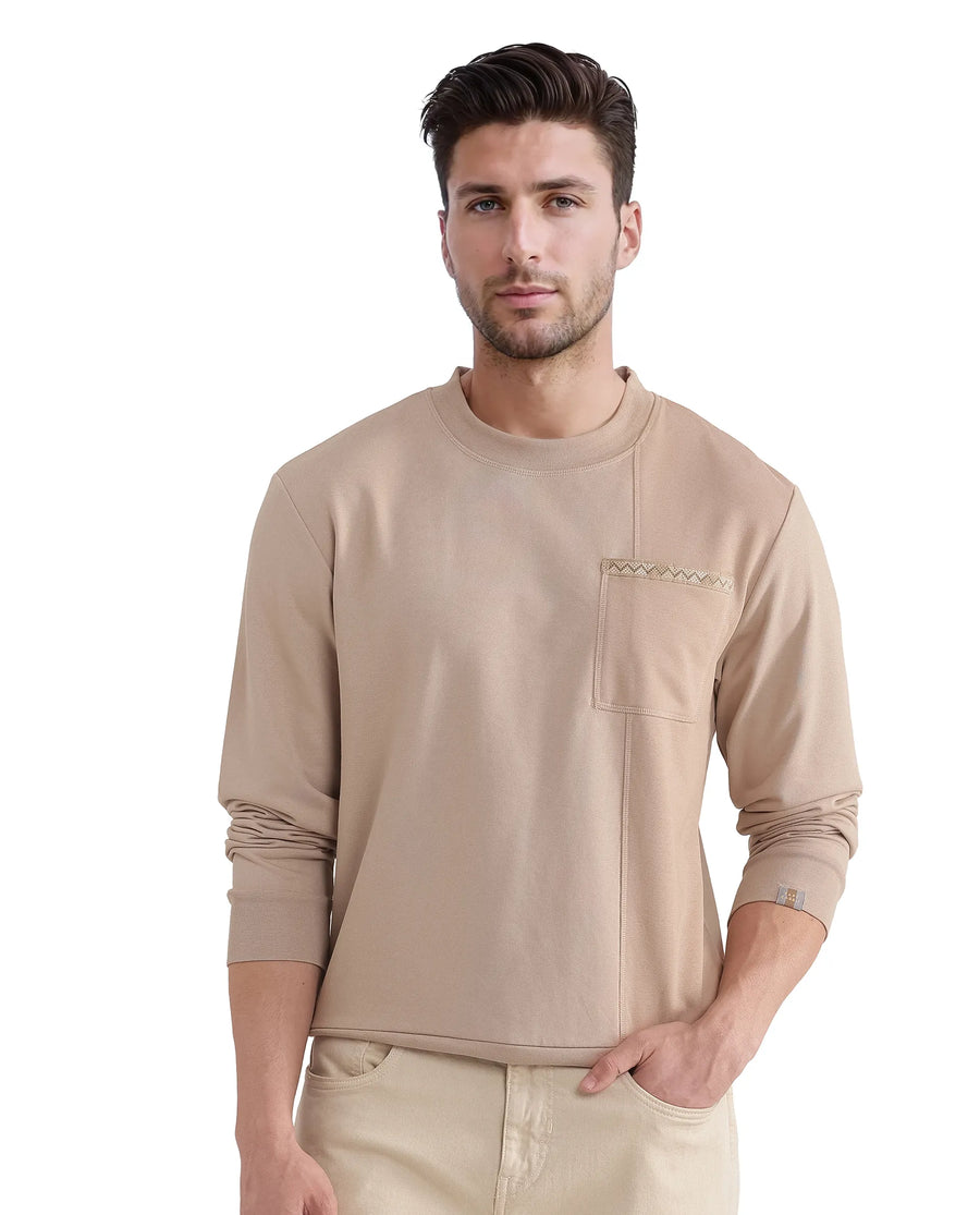 Rare Rabbit Men's Otese Beige Cotton Blend Cut And Sew Regular Fit Full Sleeve Crew Neck Sweatshirt