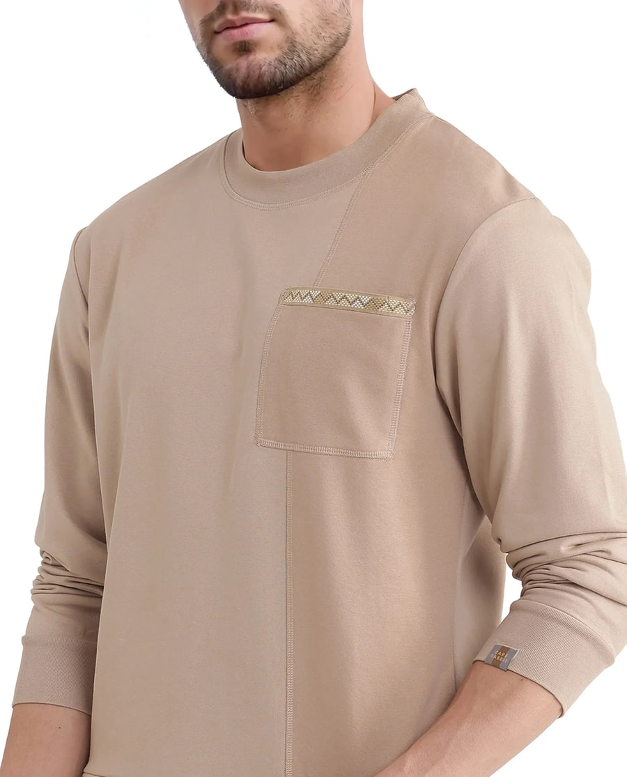 Rare Rabbit Men's Otese Beige Cotton Blend Cut And Sew Regular Fit Full Sleeve Crew Neck Sweatshirt