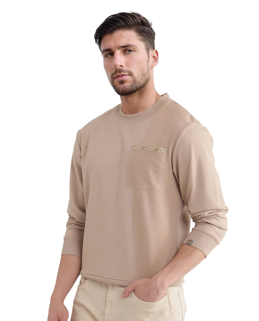 Rare Rabbit Men's Otese Beige Cotton Blend Cut And Sew Regular Fit Full Sleeve Crew Neck Sweatshirt