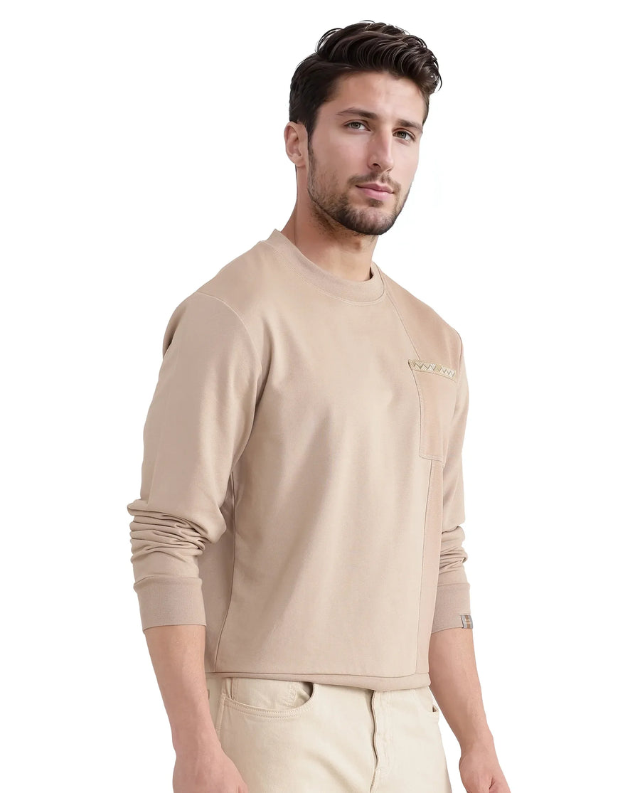 Rare Rabbit Men's Otese Beige Cotton Blend Cut And Sew Regular Fit Full Sleeve Crew Neck Sweatshirt