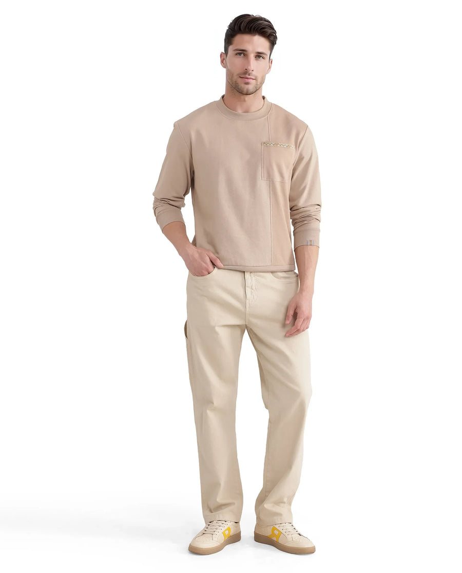 Rare Rabbit Men's Otese Beige Cotton Blend Cut And Sew Regular Fit Full Sleeve Crew Neck Sweatshirt