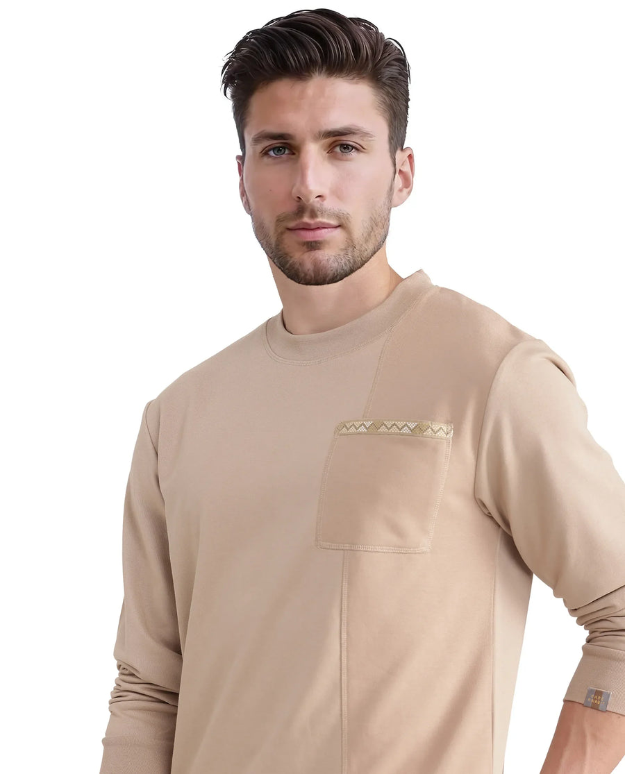 Rare Rabbit Men's Otese Beige Cotton Blend Cut And Sew Regular Fit Full Sleeve Crew Neck Sweatshirt