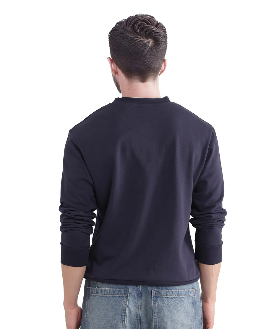 Rare Rabbit Men's Otese Navy Cotton Blend Cut And Sew Regular Fit Full Sleeve Crew Neck Sweatshirt