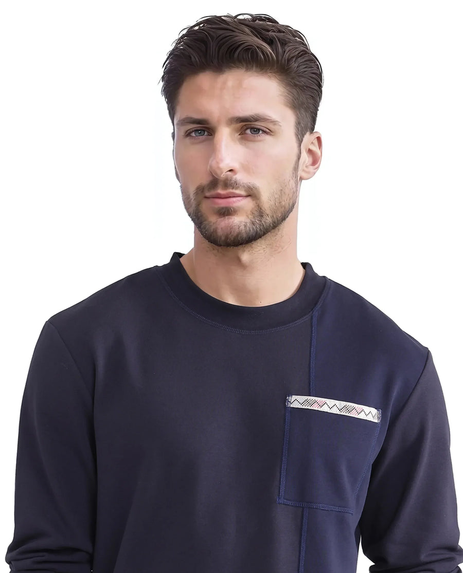 Rare Rabbit Men's Otese Navy Cotton Blend Cut And Sew Regular Fit Full Sleeve Crew Neck Sweatshirt