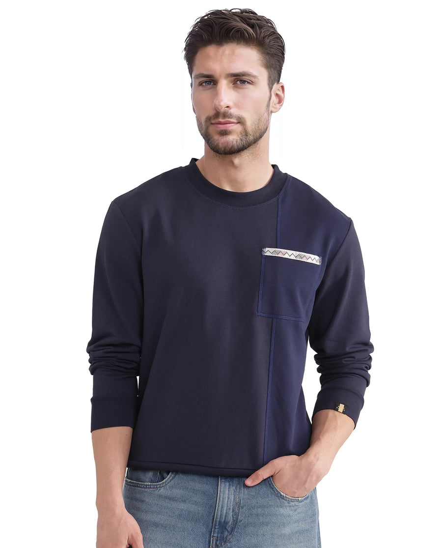 Rare Rabbit Men's Otese Navy Cotton Blend Cut And Sew Regular Fit Full Sleeve Crew Neck Sweatshirt