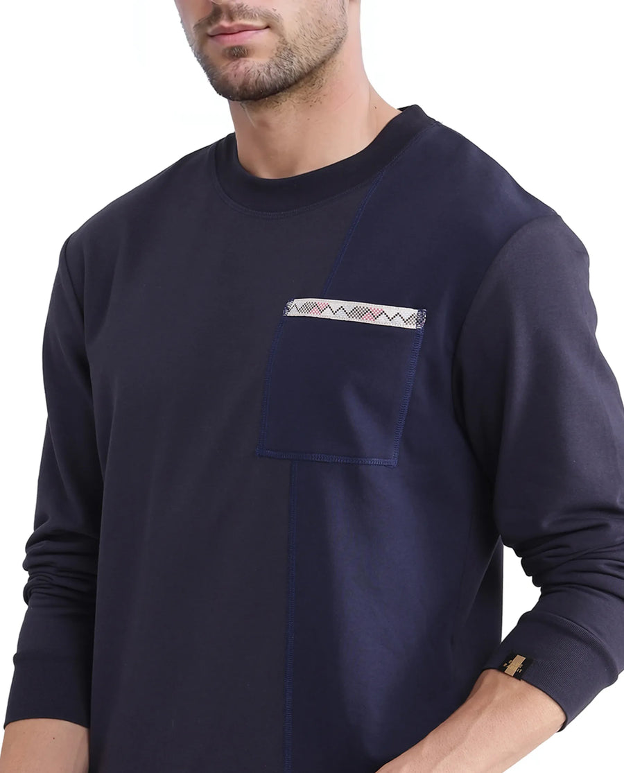 Rare Rabbit Men's Otese Navy Cotton Blend Cut And Sew Regular Fit Full Sleeve Crew Neck Sweatshirt