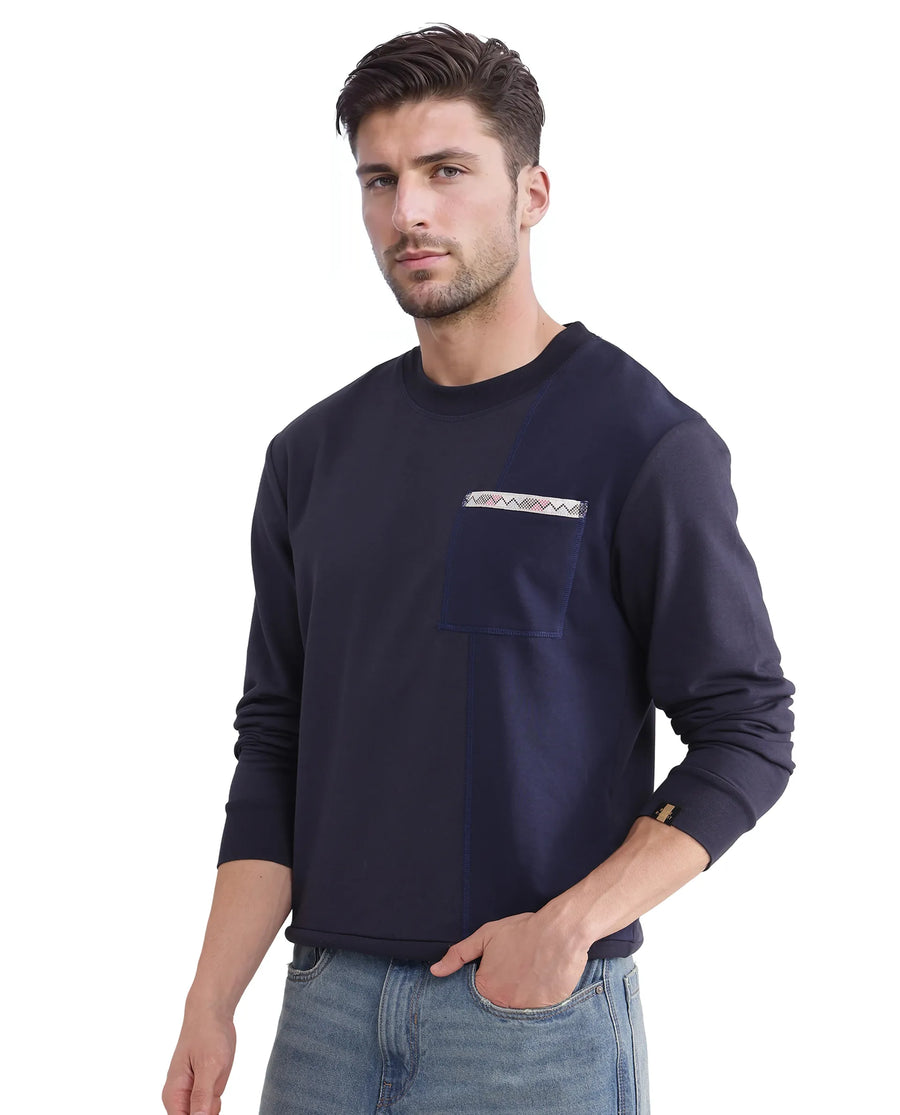 Rare Rabbit Men's Otese Navy Cotton Blend Cut And Sew Regular Fit Full Sleeve Crew Neck Sweatshirt
