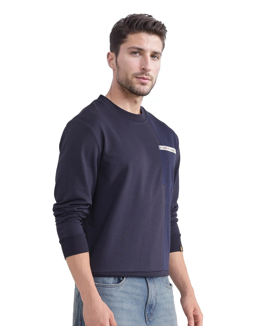 Rare Rabbit Men's Otese Navy Cotton Blend Cut And Sew Regular Fit Full Sleeve Crew Neck Sweatshirt
