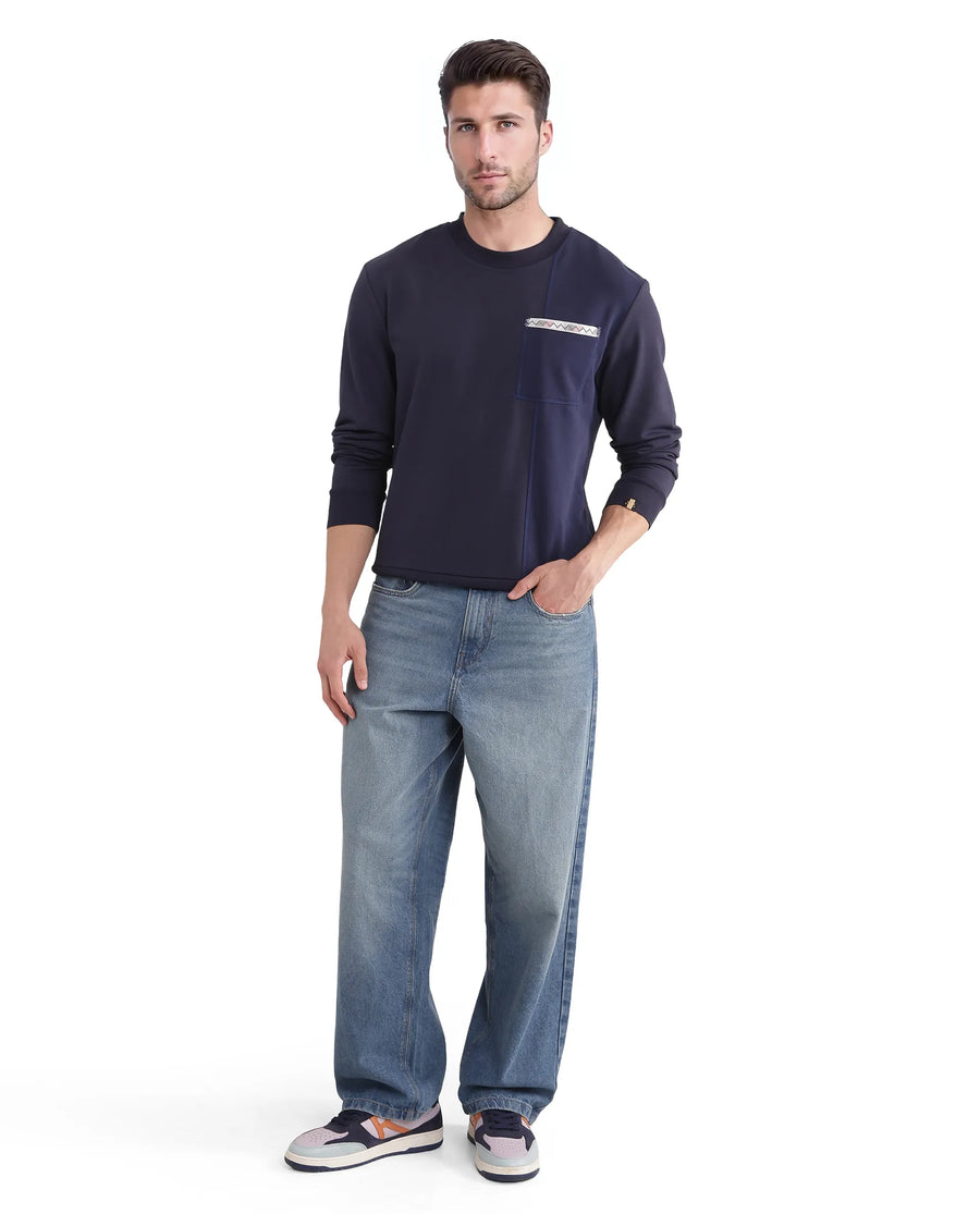 Rare Rabbit Men's Otese Navy Cotton Blend Cut And Sew Regular Fit Full Sleeve Crew Neck Sweatshirt