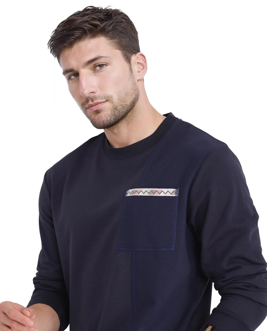 Rare Rabbit Men's Otese Navy Cotton Blend Cut And Sew Regular Fit Full Sleeve Crew Neck Sweatshirt