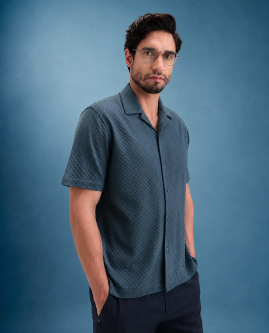 Rare Rabbit Men's Otis Dusky Blue Viscose Fabric Half Sleeve Cuban Collar Regular Textured Shirt