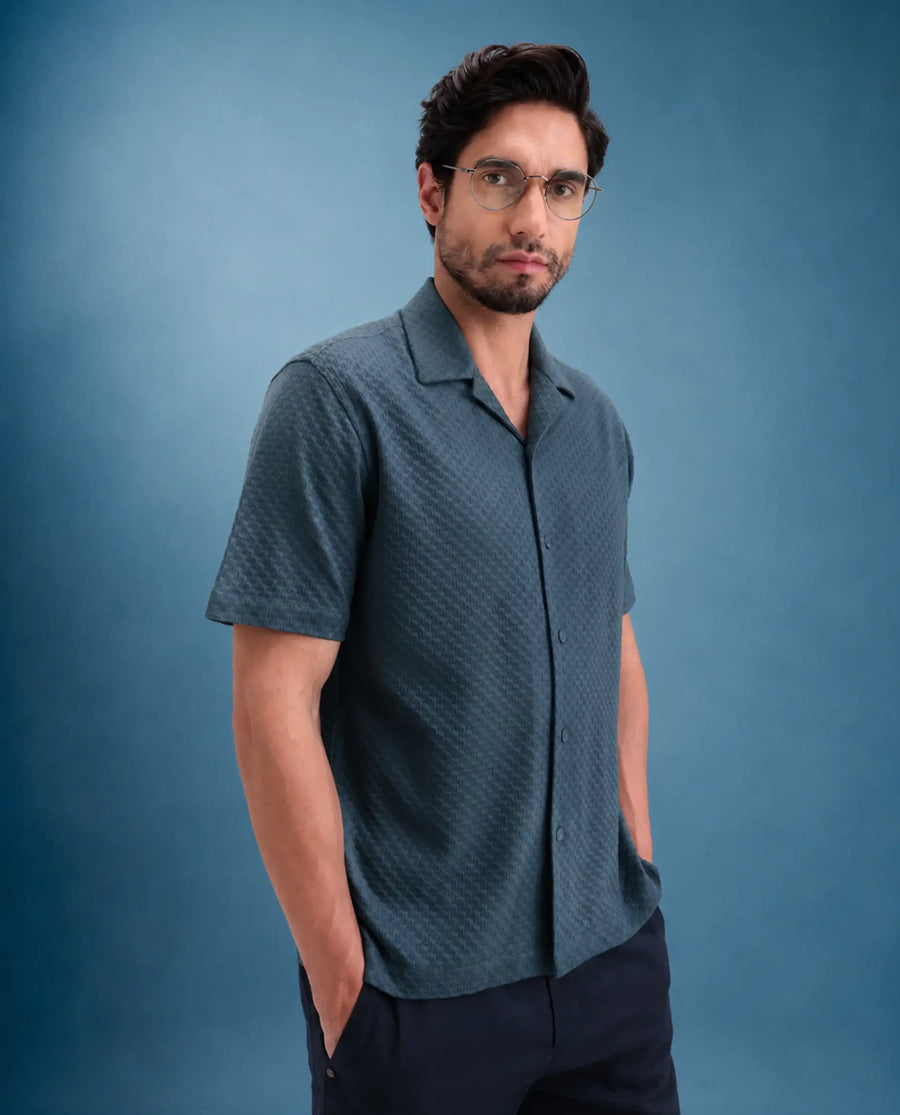 Rare Rabbit Men's Otis Dusky Blue Viscose Fabric Half Sleeve Cuban Collar Regular Textured Shirt