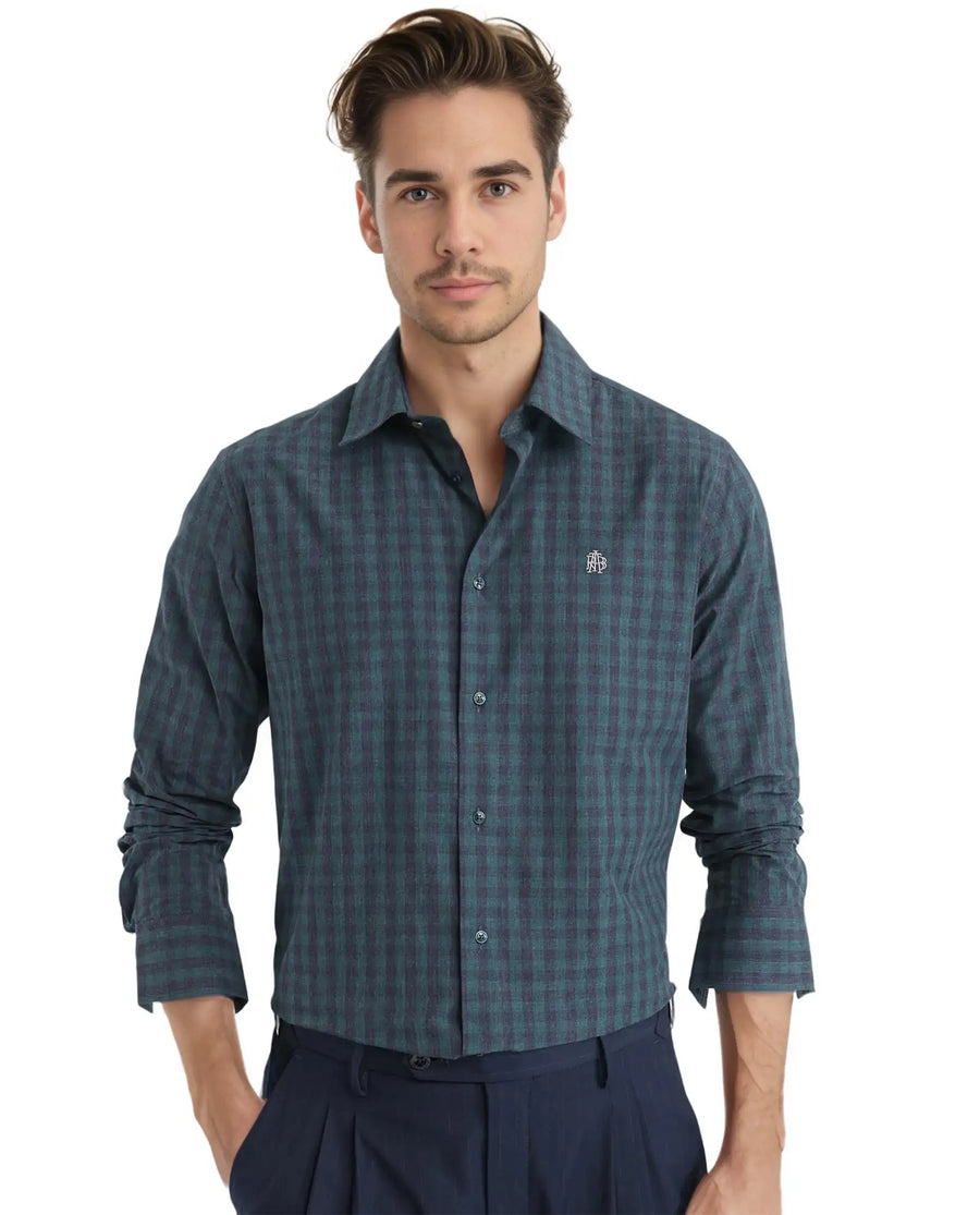 Rare Rabbit Men's Otts Dark Green Checked Print Regular Fit Full Sleeve Collared Shirt