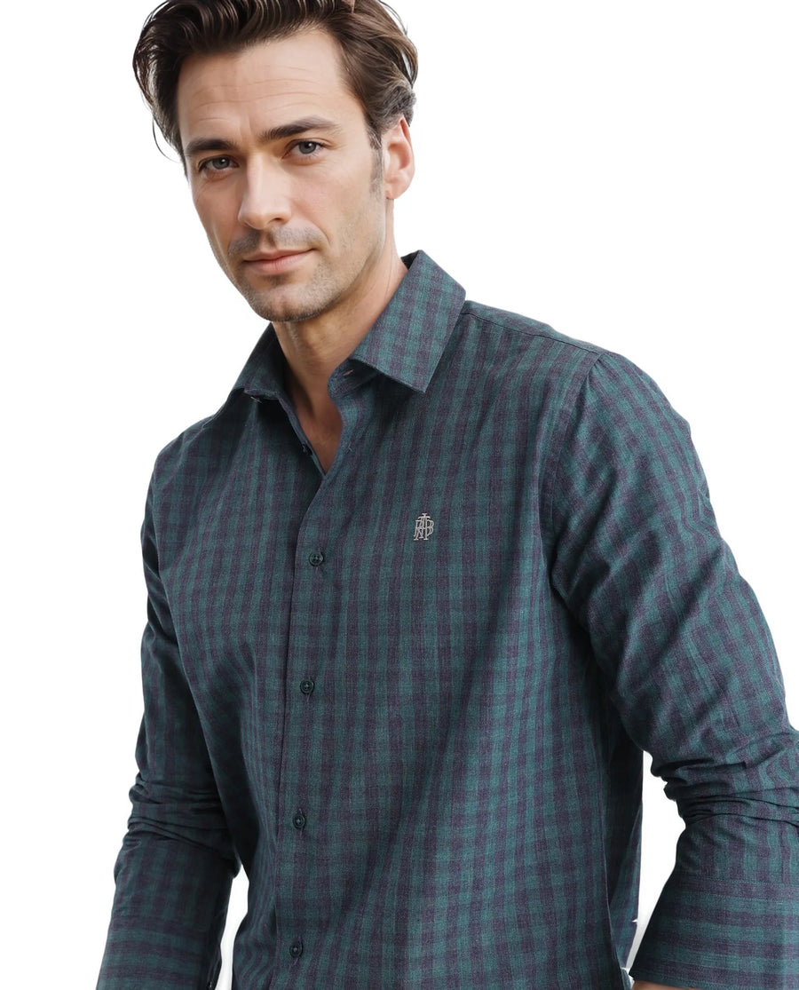 Rare Rabbit Men's Otts Dark Green Checked Print Regular Fit Full Sleeve Collared Shirt