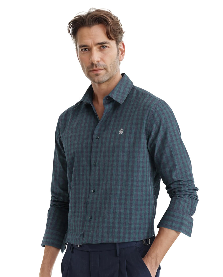 Rare Rabbit Men's Otts Dark Green Checked Print Regular Fit Full Sleeve Collared Shirt