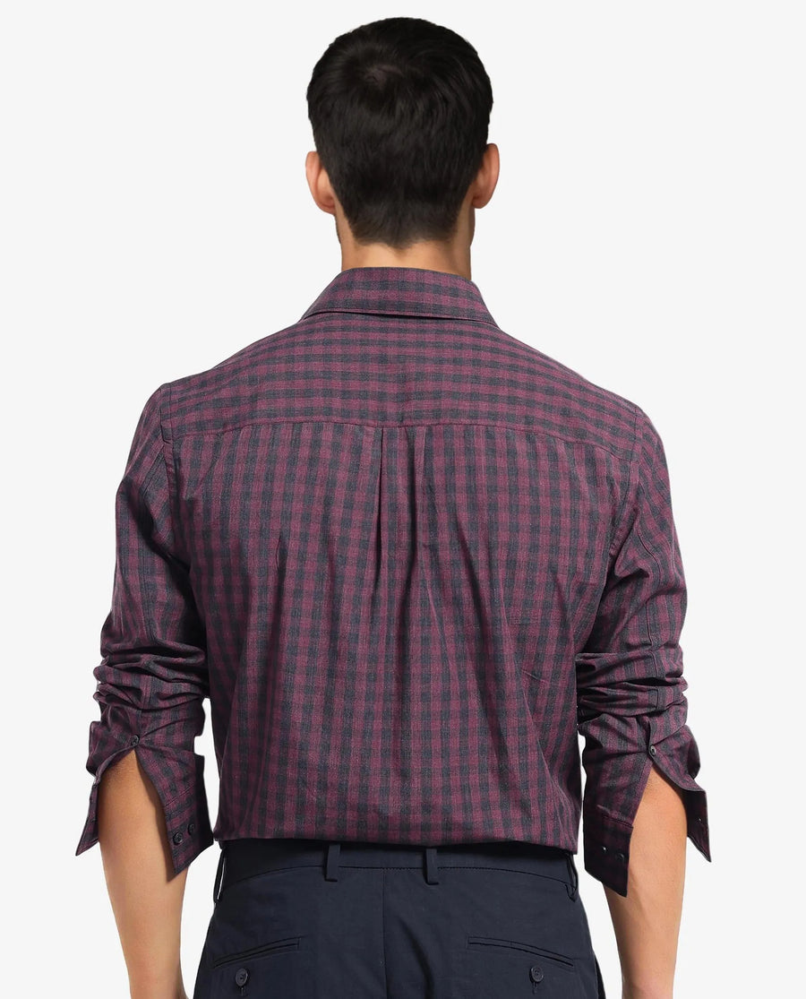 Rare Rabbit Men's Otts Dark Maroon Cotton Checked Print Regular Fit Full Sleeve Collared Shirt