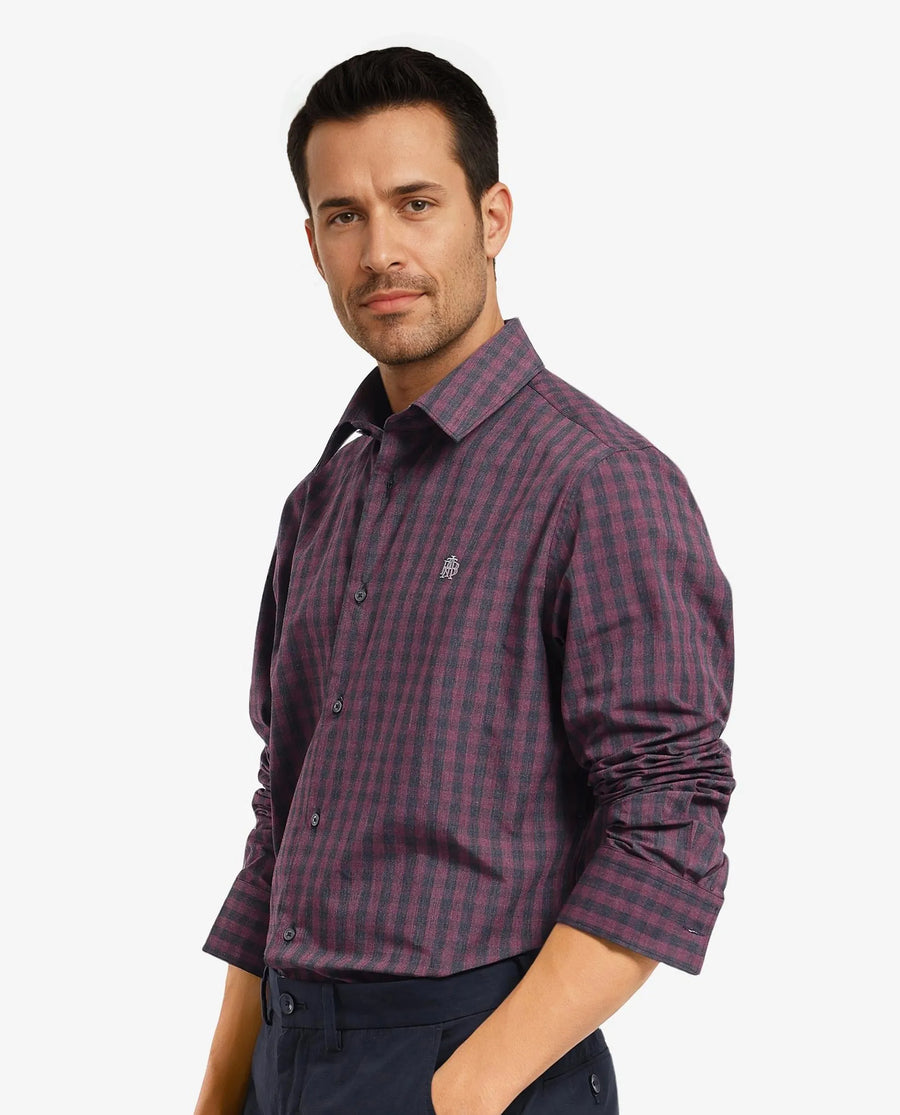 Rare Rabbit Men's Otts Dark Maroon Cotton Checked Print Regular Fit Full Sleeve Collared Shirt