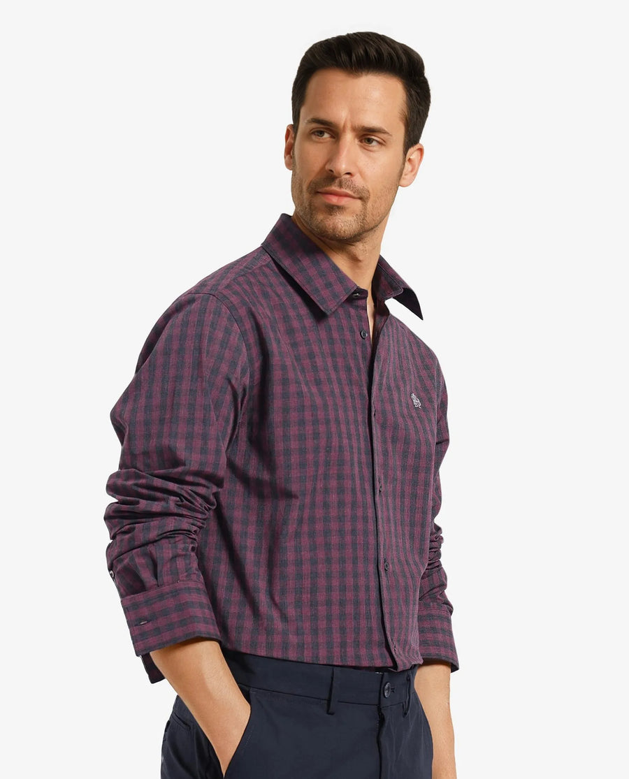 Rare Rabbit Men's Otts Dark Maroon Cotton Checked Print Regular Fit Full Sleeve Collared Shirt