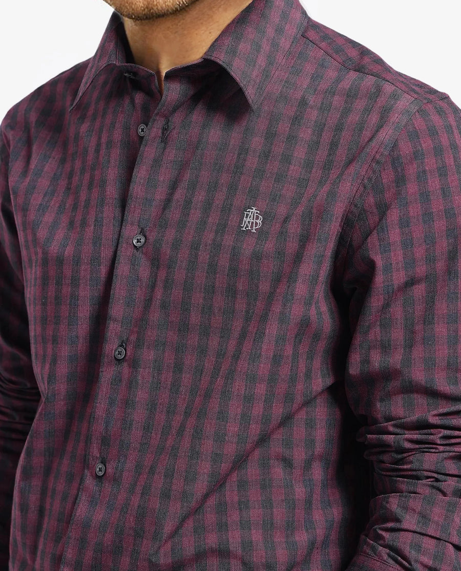 Rare Rabbit Men's Otts Dark Maroon Cotton Checked Print Regular Fit Full Sleeve Collared Shirt