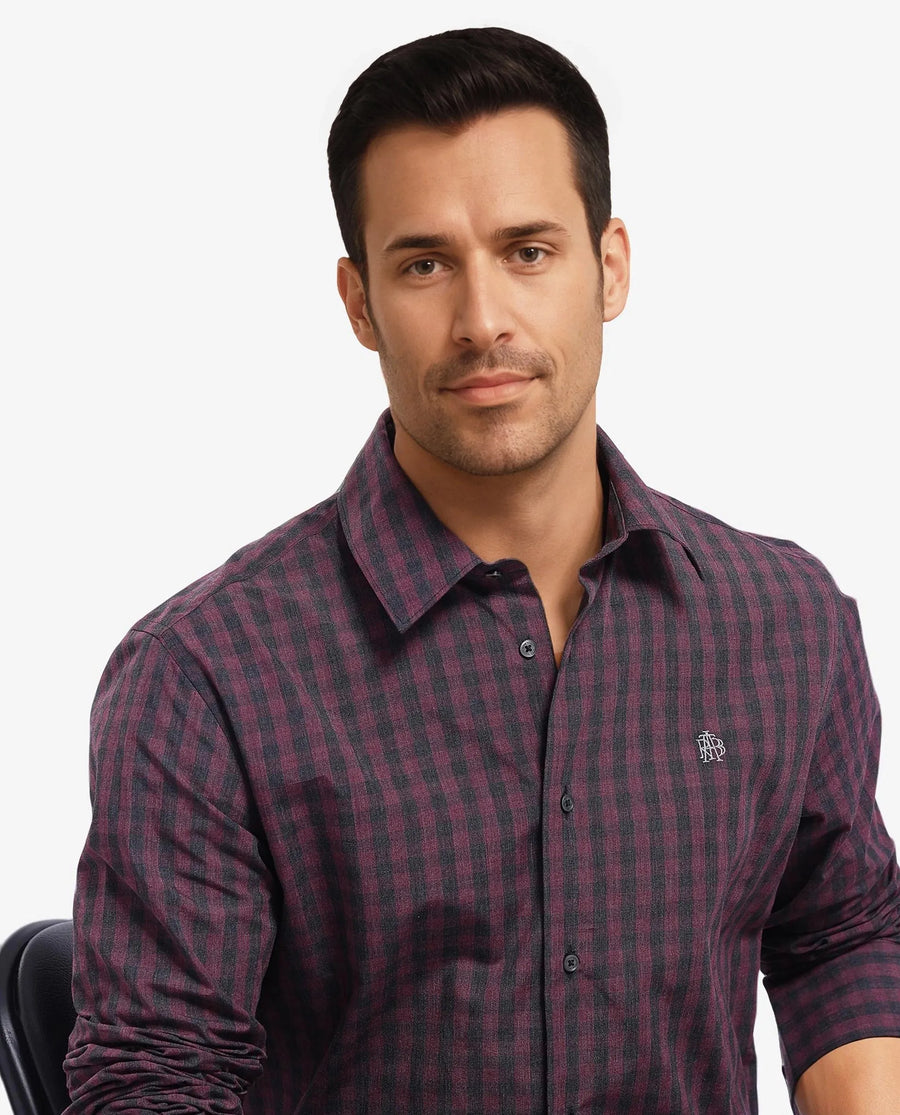Rare Rabbit Men's Otts Dark Maroon Cotton Checked Print Regular Fit Full Sleeve Collared Shirt
