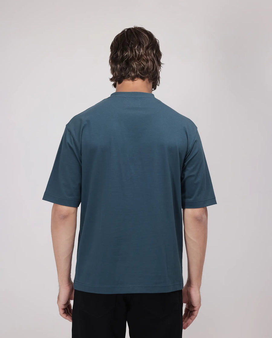 Rare Rabbit Men's Ovem Dusky Teal Cotton Blend Graphic Print Qlo Fit Half Sleeve Crew Neck T-Shirt