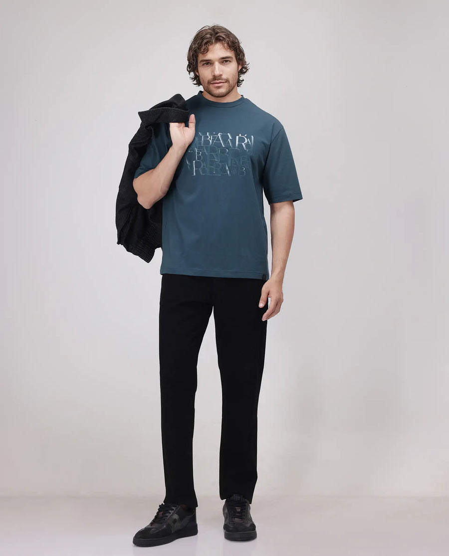 Rare Rabbit Men's Ovem Dusky Teal Cotton Blend Graphic Print Qlo Fit Half Sleeve Crew Neck T-Shirt