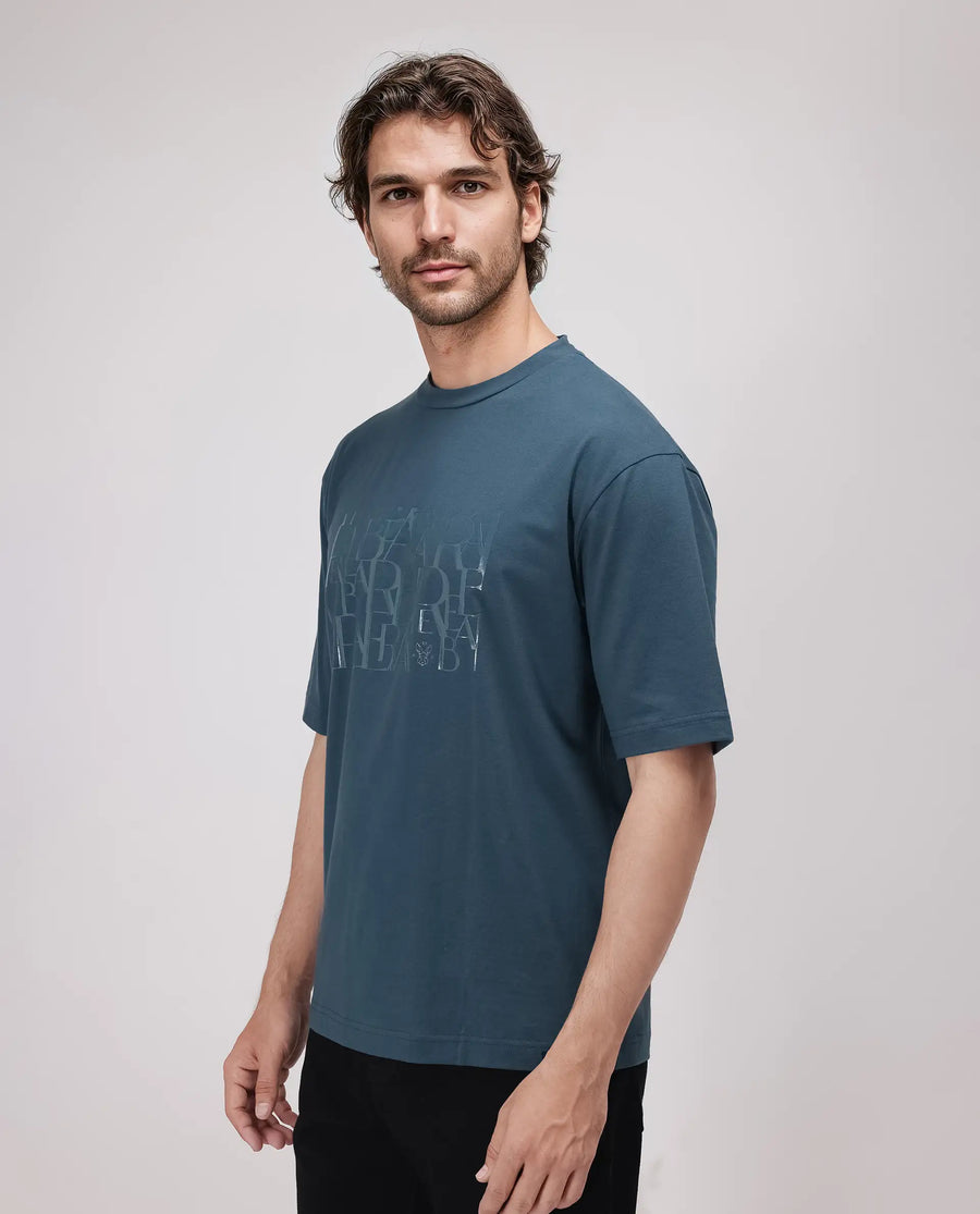 Rare Rabbit Men's Ovem Dusky Teal Cotton Blend Graphic Print Qlo Fit Half Sleeve Crew Neck T-Shirt