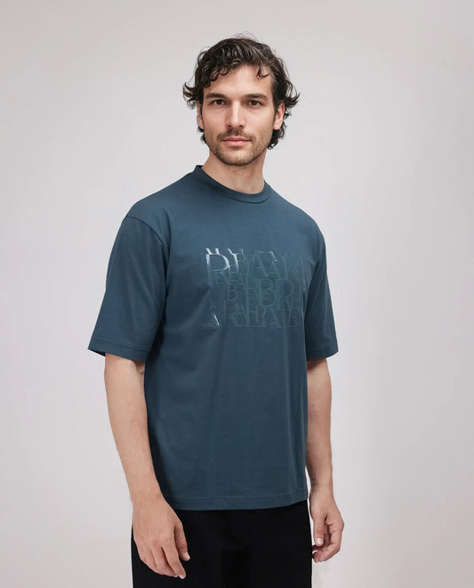 Rare Rabbit Men's Ovem Dusky Teal Cotton Blend Graphic Print Qlo Fit Half Sleeve Crew Neck T-Shirt
