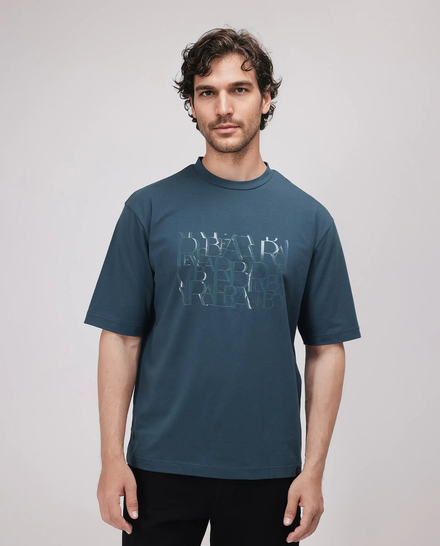 Rare Rabbit Men's Ovem Dusky Teal Cotton Blend Graphic Print Qlo Fit Half Sleeve Crew Neck T-Shirt