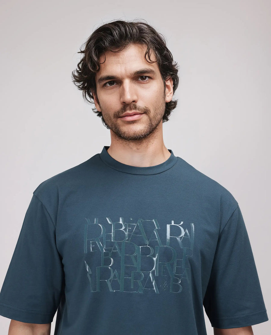 Rare Rabbit Men's Ovem Dusky Teal Cotton Blend Graphic Print Qlo Fit Half Sleeve Crew Neck T-Shirt