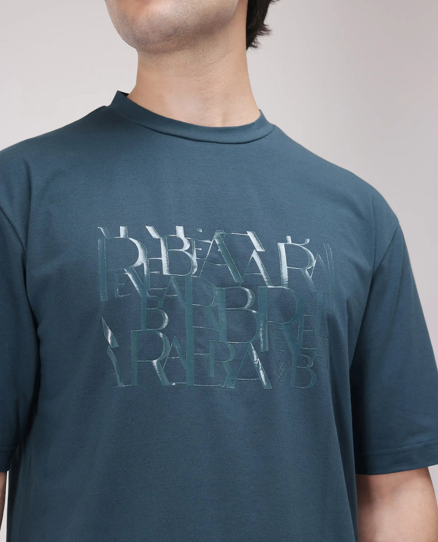 Rare Rabbit Men's Ovem Dusky Teal Cotton Blend Graphic Print Qlo Fit Half Sleeve Crew Neck T-Shirt