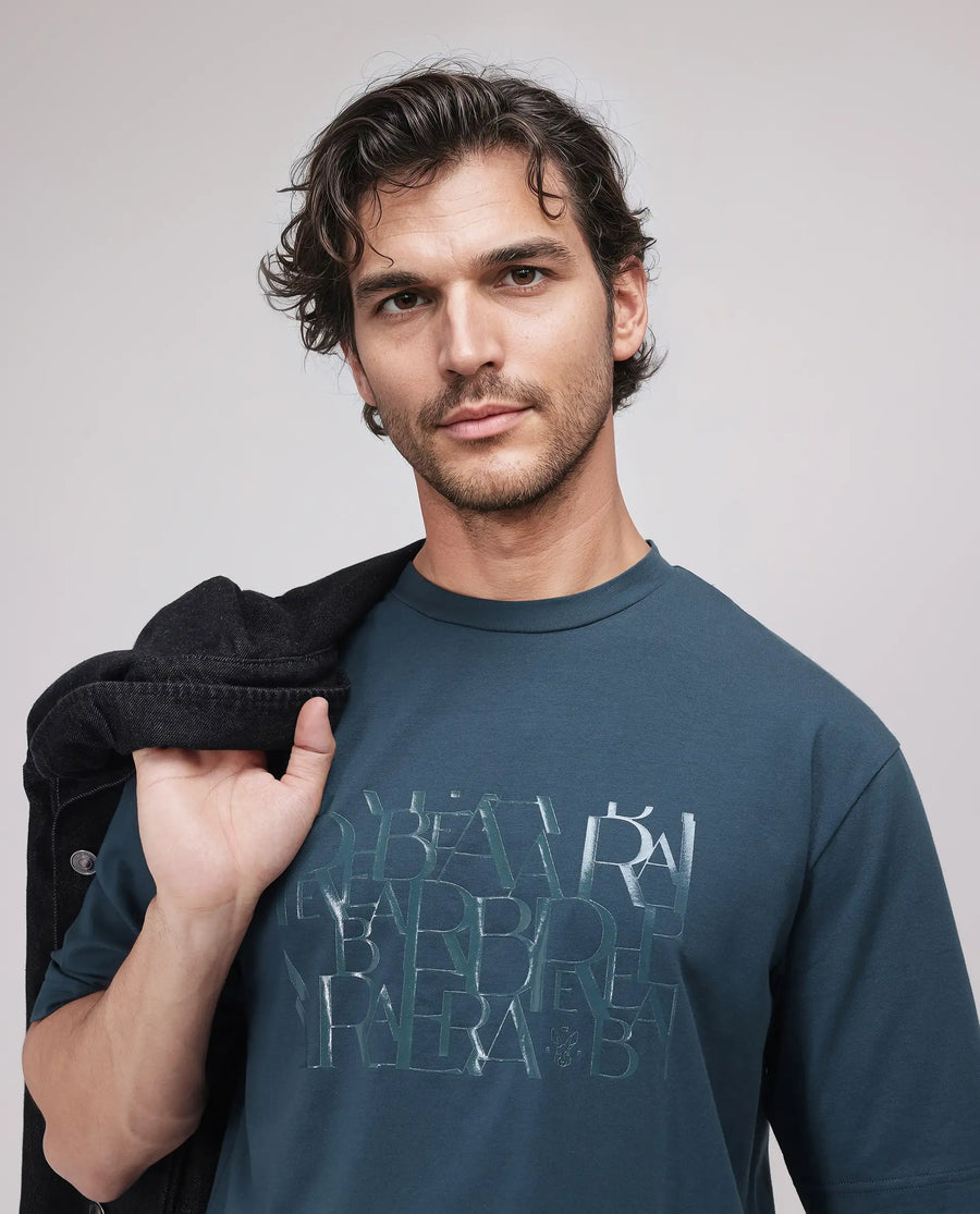 Rare Rabbit Men's Ovem Dusky Teal Cotton Blend Graphic Print Qlo Fit Half Sleeve Crew Neck T-Shirt