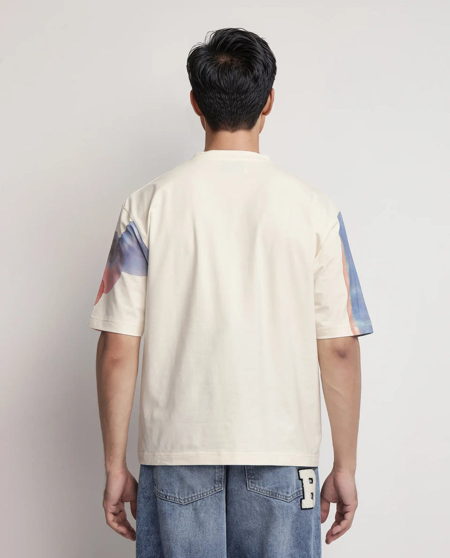 Rare Rabbit Men's Ovet Off White Cotton Blend Abstract Print Qlo Fit Half Sleeve Crew Neck T-Shirt
