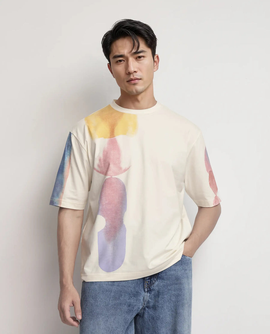Rare Rabbit Men's Ovet Off White Cotton Blend Abstract Print Qlo Fit Half Sleeve Crew Neck T-Shirt