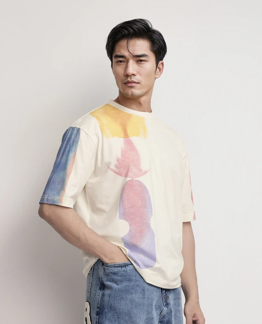 Rare Rabbit Men's Ovet Off White Cotton Blend Abstract Print Qlo Fit Half Sleeve Crew Neck T-Shirt