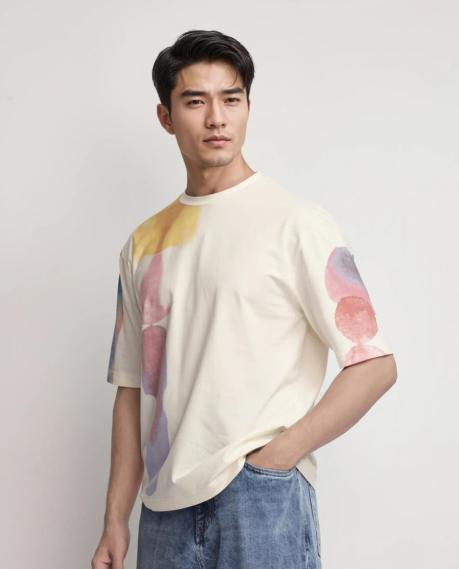 Rare Rabbit Men's Ovet Off White Cotton Blend Abstract Print Qlo Fit Half Sleeve Crew Neck T-Shirt