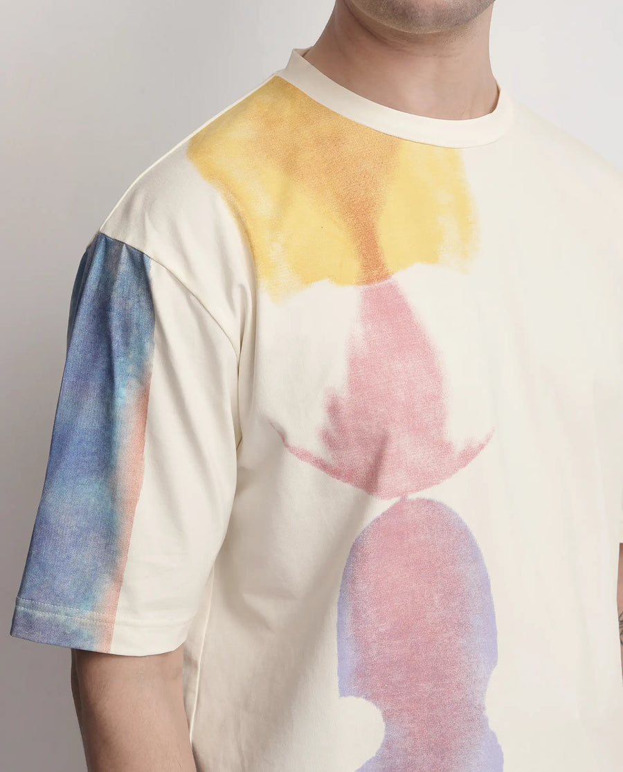 Rare Rabbit Men's Ovet Off White Cotton Blend Abstract Print Qlo Fit Half Sleeve Crew Neck T-Shirt