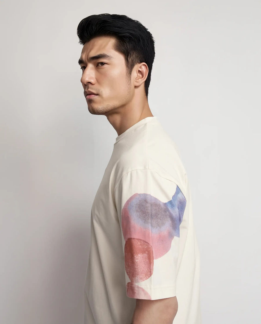 Rare Rabbit Men's Ovet Off White Cotton Blend Abstract Print Qlo Fit Half Sleeve Crew Neck T-Shirt