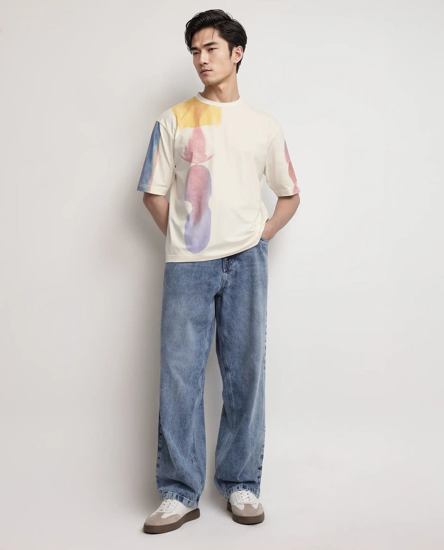 Rare Rabbit Men's Ovet Off White Cotton Blend Abstract Print Qlo Fit Half Sleeve Crew Neck T-Shirt