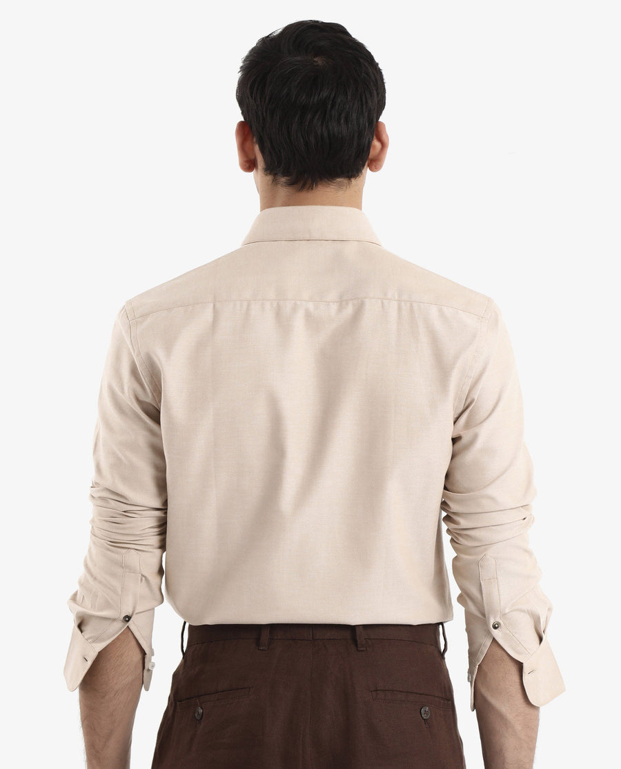 Rare Rabbit Men's Oxfom Beige Cotton Embroidered Regular Fit Full Sleeve Collared Shirt