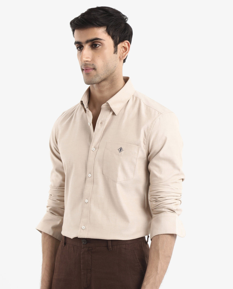 Rare Rabbit Men's Oxfom Beige Cotton Embroidered Regular Fit Full Sleeve Collared Shirt