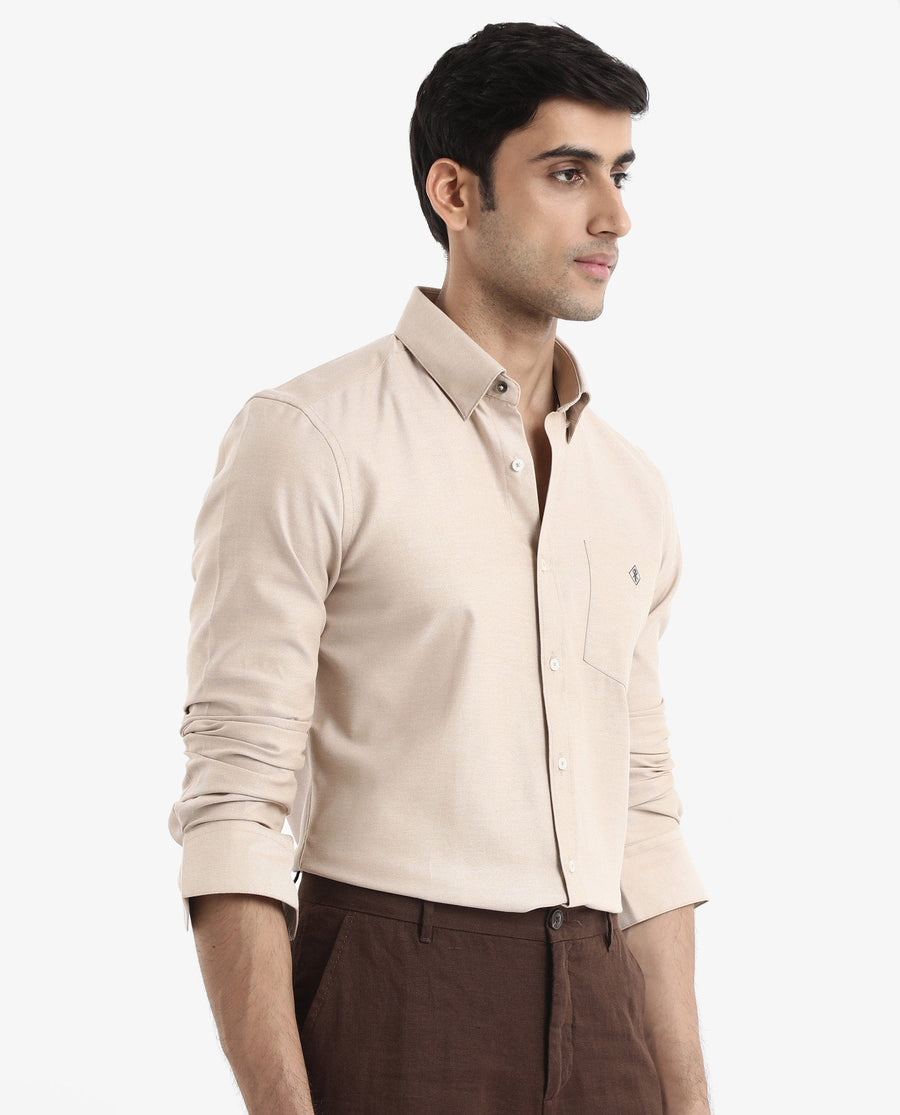 Rare Rabbit Men's Oxfom Beige Cotton Embroidered Regular Fit Full Sleeve Collared Shirt