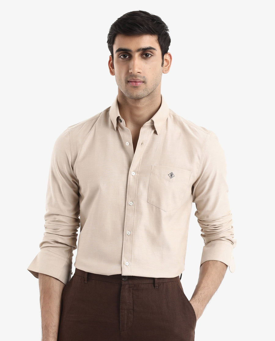 Rare Rabbit Men's Oxfom Beige Cotton Embroidered Regular Fit Full Sleeve Collared Shirt