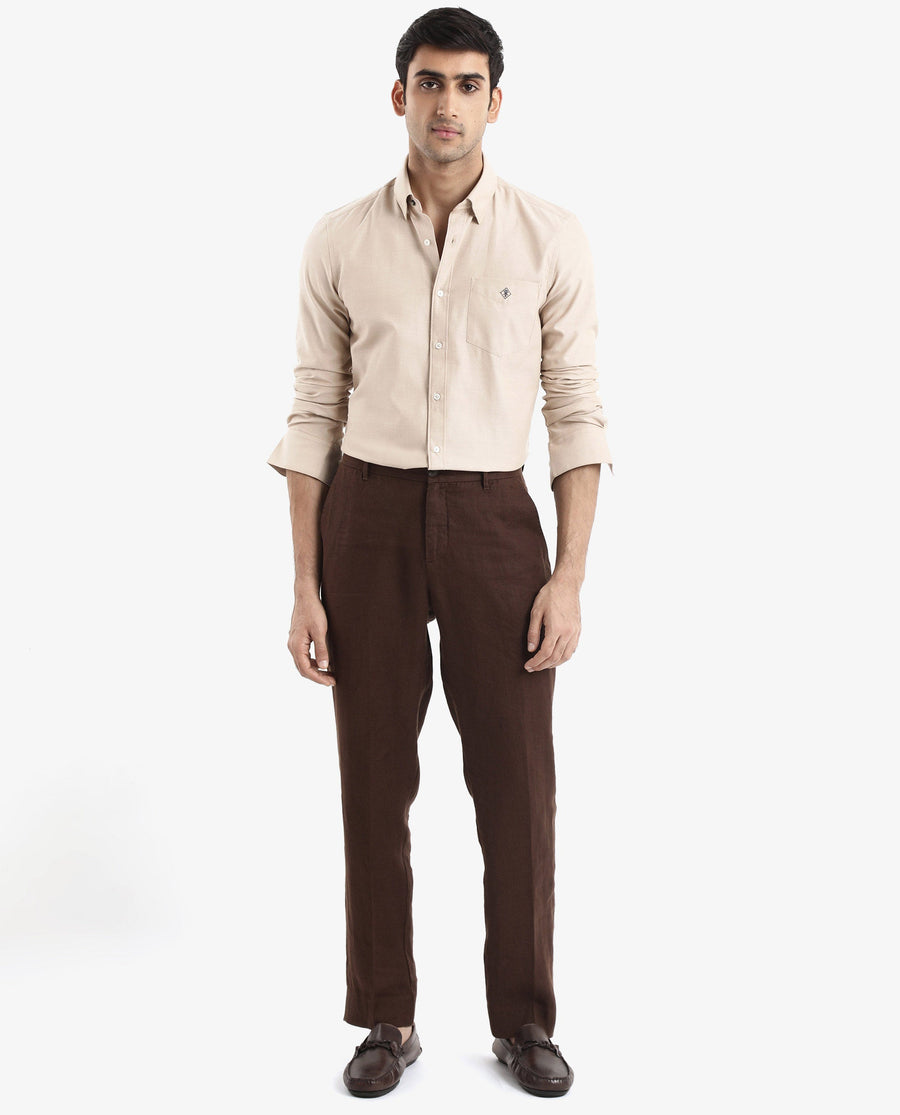 Rare Rabbit Men's Oxfom Beige Cotton Embroidered Regular Fit Full Sleeve Collared Shirt