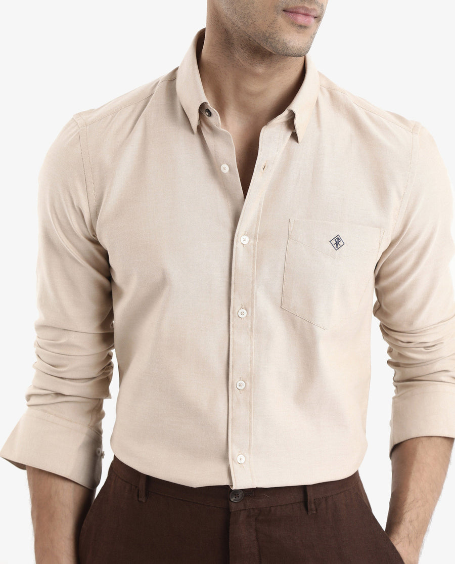 Rare Rabbit Men's Oxfom Beige Cotton Embroidered Regular Fit Full Sleeve Collared Shirt