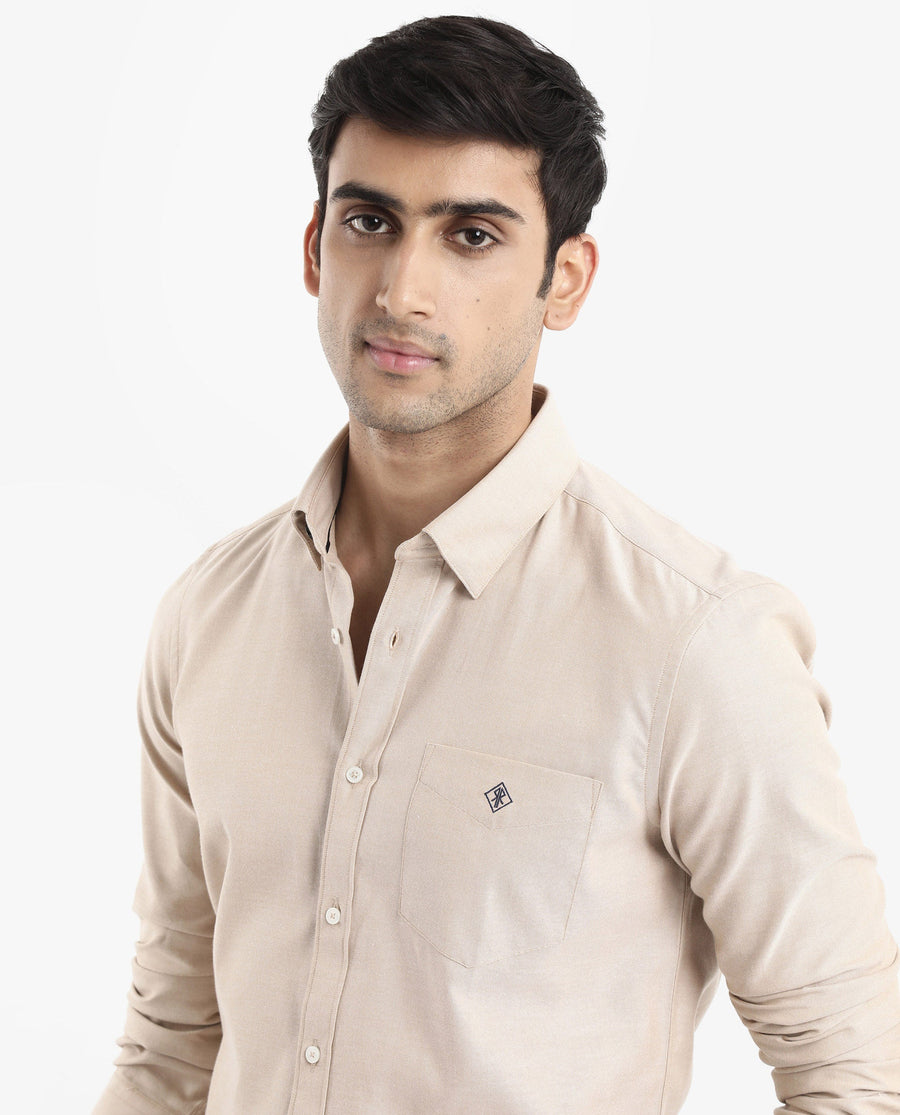 Rare Rabbit Men's Oxfom Beige Cotton Embroidered Regular Fit Full Sleeve Collared Shirt