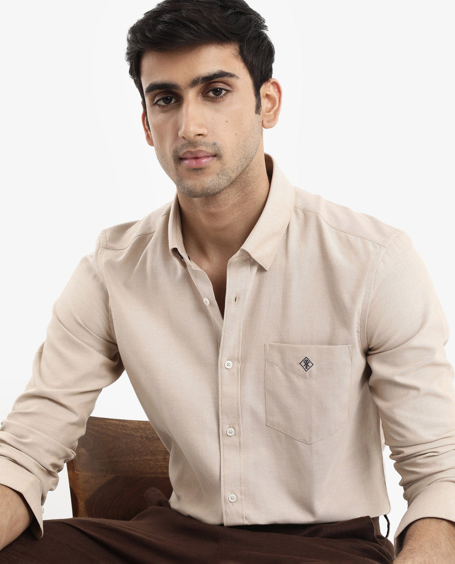Rare Rabbit Men's Oxfom Beige Cotton Embroidered Regular Fit Full Sleeve Collared Shirt