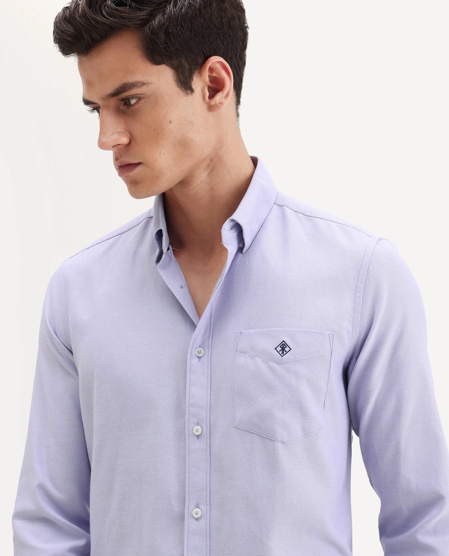 Rare Rabbit Men's Oxfom Light Purple Cotton Embroidered Regular Fit Full Sleeve Collared Shirt
